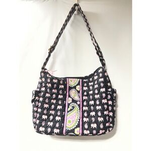 Vera Bradley Elephant Parade‎ Quilted Cotton Shoulder Bag Black Pink Paisley